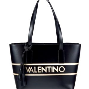 New w/ tags Valentino by Mario Prince Logo Tote Black Leather w/ Dust Ruffle